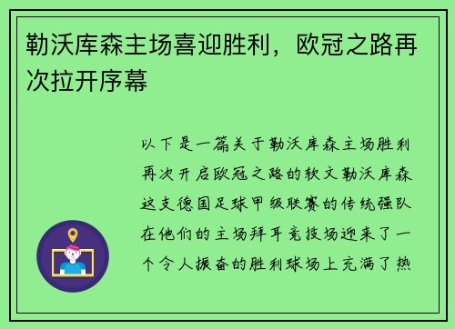 勒沃库森主场喜迎胜利，欧冠之路再次拉开序幕